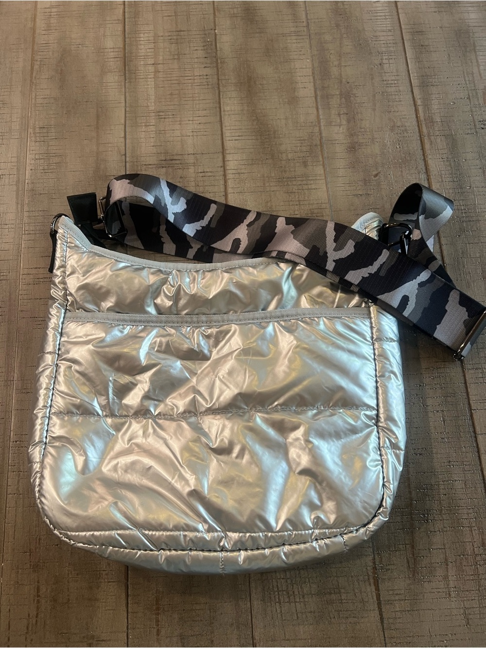 Haute Shore Metallic Silver Crossbody Bag with Camouflage Strap